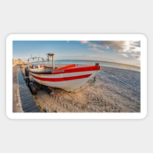 Fisheye view of traditional crab fishing boat on Cromer beach, Norfolk Sticker